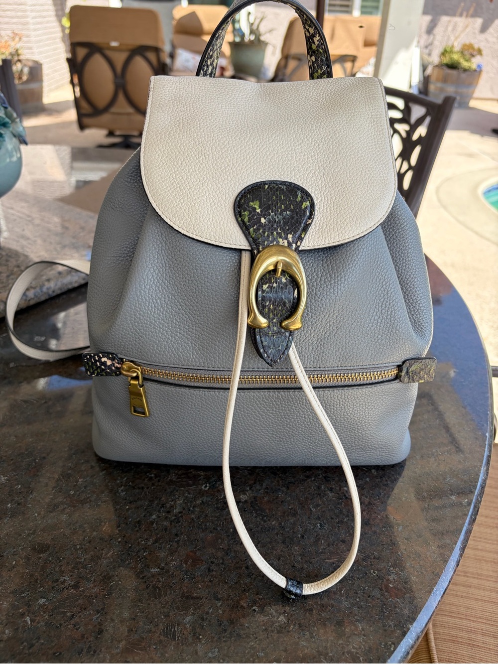 Coach Two-Tone Cream and Gray Leather Backpack with Gold Accent